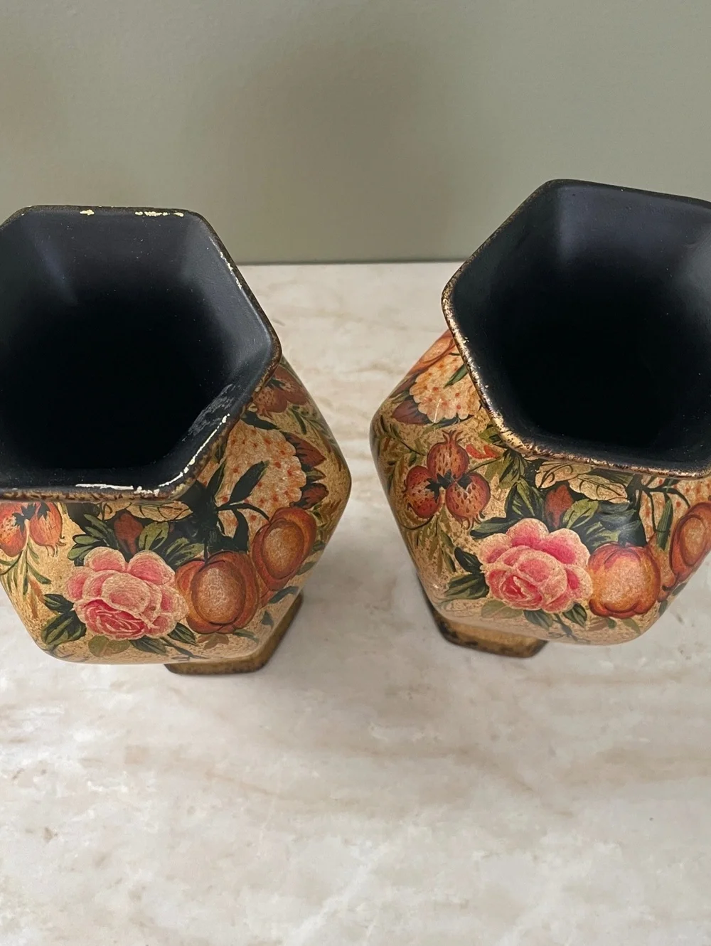 Vintage Nantucket Ceramic Vase Pair | Hand Painted Floral Butterfly